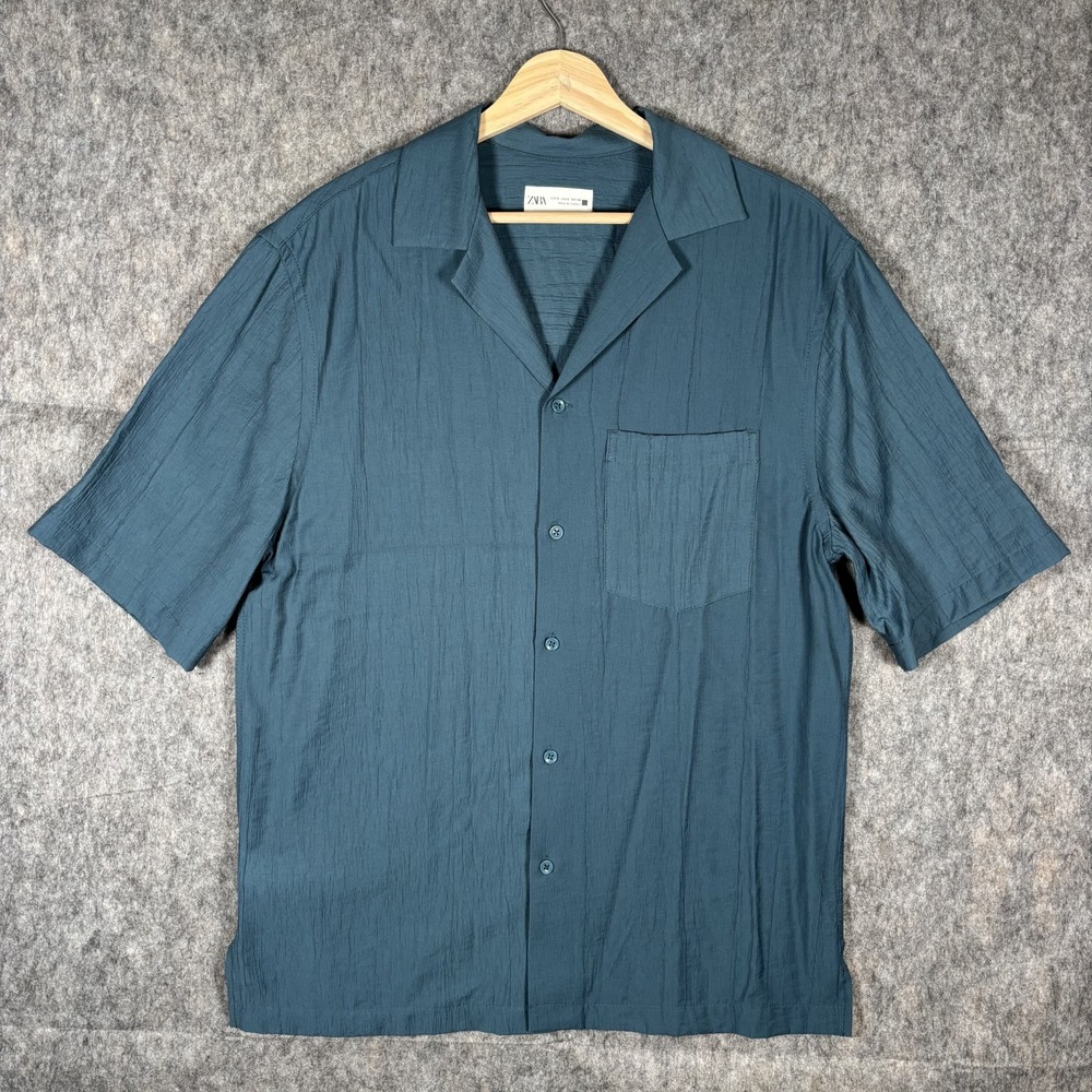 Zara Shirt Men's Small Button Front Camp Collar Viscose Blend Blue Casual Soft